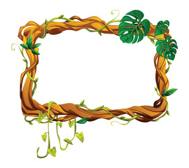 Natural rectangular liana frame with monstera leaves and decorative vines. Vector cartoon illustration