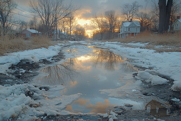 Wall Mural - A serene landscape depicting the transition from winter to spring, with melting snow, thawed ground, and budding trees under a sky shifting from cloudy to sunny.