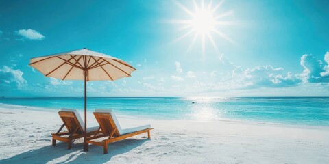 Sticker - Beach lounge chairs under a large parasol on a bright sunny day with a turquoise ocean backdrop and white sandy beach showcasing relaxation.