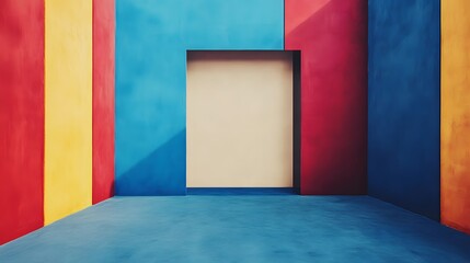 Colorful room with a beige doorway and blue floor