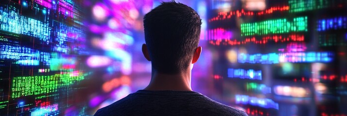Wall Mural - internet concept with man on multiple devices and screens 