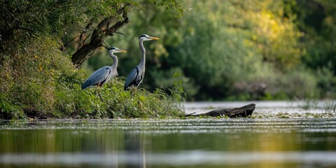 Sticker - Herons standing near a serene riverbank with greenery in the background and calm water reflections creating a tranquil nature scene.