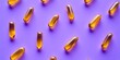 © Studio - Yellow omega 3 fish oil capsules arranged diagonally on a vibrant purple background creating a striking pattern of health and wellness.