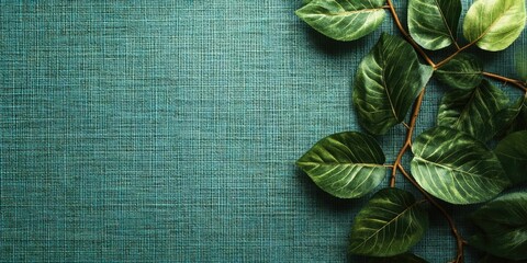 Wall Mural - Vibrant green foliage arranged on a textured teal mat background with rich green leaves on the upper right corner creating a serene composition