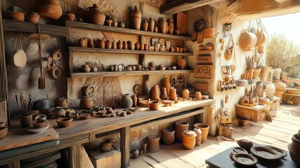 Wall Mural - A tidy corner in a pottery studio with clay pieces drying on shelves