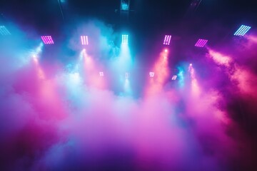 Wall Mural - Concert stage lights, pink blue haze, indoor venue, event background.