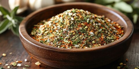 Natural herbal seasoning salt blend in a wooden bowl, vibrant green and red spices, positioned centrally on a rustic wooden table background.