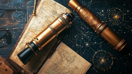 Wall Mural - a tidy star-gazing kit with a telescope, star charts, and notebooks