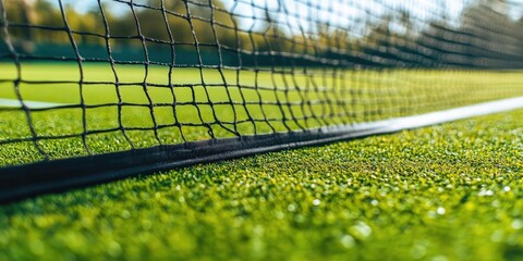 closeup view of a tennis court net on vibrant green artificial grass with blurred background of tree