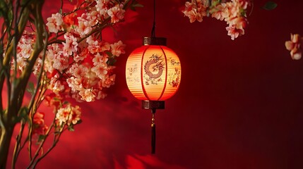 Canvas Print - Illuminated red lantern with dragon design hangs amidst blooming cherry blossoms against a red background.