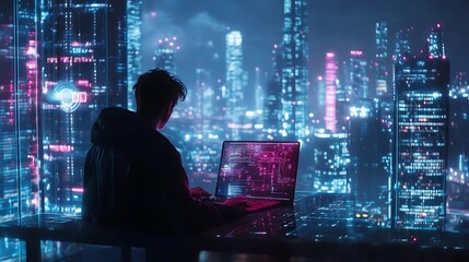 Canvas Print - Man coding at night overlooking a vibrant futuristic cityscape.