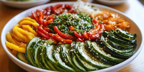 Colorful Korean vegetable dish featuring sliced zucchini, red bell peppers, and yellow bell peppers arranged in a circular pattern with sesame seeds on top.