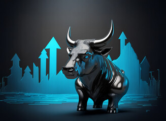 Wall Mural - A metallic bull, symbol of financial strength, stands against a backdrop of upward-trending blue market graphs.  It represents growth and prosperity in the market.