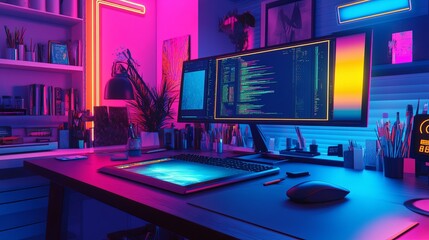 A vibrant digital art station with a graphic tablet, stylus, and a glowing monitor