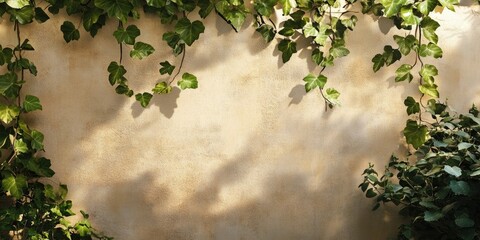 Wall Mural - Ivy leaves gracefully drape over a textured warm beige wall illuminated by soft light with shadows cast by green foliage on the ground.