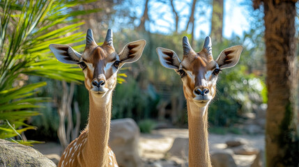 Wall Mural - Gerenuk or giraffe gazelle vector animal head of african antelope. Gazelle wild hoofed mammal with brown white muzzle. Sport mascot, hunting sport, African safari and savannah theme