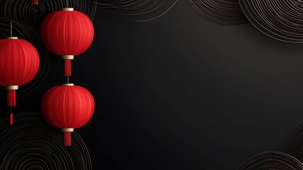 Canvas Print - Three red Chinese lanterns hang against a dark background with concentric circles.