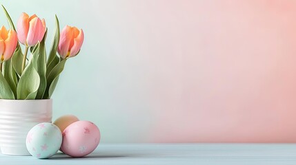 Wall Mural - Easter watercolor concept. A vibrant display of tulips in a white pot with Easter eggs on a pastel background.