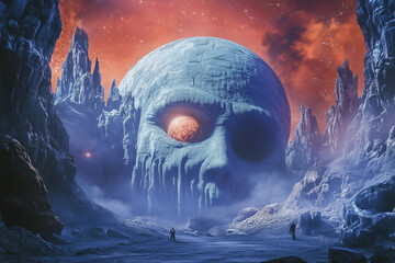 Wall Mural - Huge skull planet in the sky above the surface of an unknown plane background.