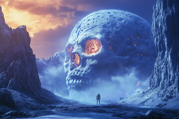 Wall Mural - Huge skull planet in the sky above the surface of an unknown plane background.