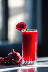 Vibrant red pomegranate juice in a tall glass garnished with a red flower, surrounded by fresh pomegranate seeds, highlighted by soft natural light.