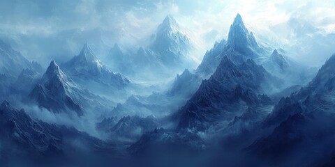 Wall Mural - Misty blue mountains rise majestically into a soft sky blending with gentle horizons showcasing peaks and valleys shrouded in foggy ambiance