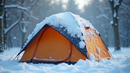 the image shows a tent set up in a snowy forest. the tent is orange in color and is covered in a thi