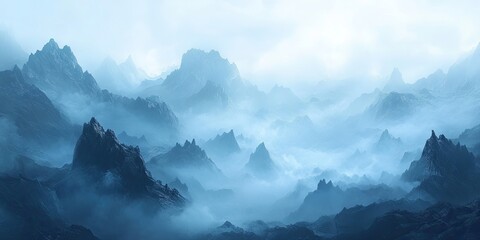 Wall Mural - Misty blue mountains shrouded in fog with a gradient sky fading into the horizon in soft light creating an ethereal landscape atmosphere