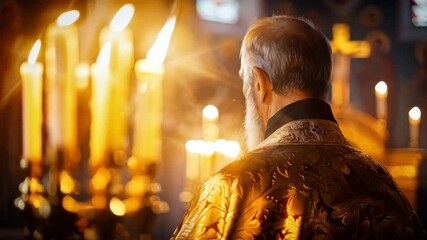 Wall Mural - An orthodox priest or monk before the altar in an orthodox church