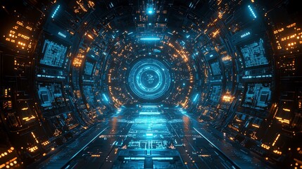 futuristic spaceship corridor with glowing blue and orange lights.