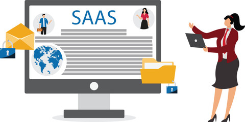 SaaS software as a service, cloud computing software for client subscription, internet web application online platform provider concept, businesswoman working with computer laptop on SaaS screen