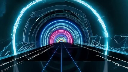 Wall Mural - scene wave warp retrofuturism illustration fi rainbow sci design tube tunnel neon level game retro tunnel corridor passage many-coloured neon abstract rainbow curve to illuminate surreal futuristic