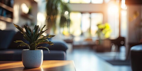 Wall Mural - Diverse interior setting with blurred background featuring a green plant in a light ceramic pot on a wooden table with warm sunlight streaming in