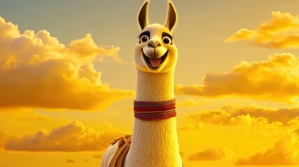 Poster - Animated llama with happy expression against a golden sunset.