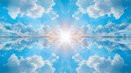 clean energy landscape, symmetrical solar panel array, towering cumulus formations, dazzling solar flare, mirrored surface reflections, saturated blue skyscape, environmental technology photography