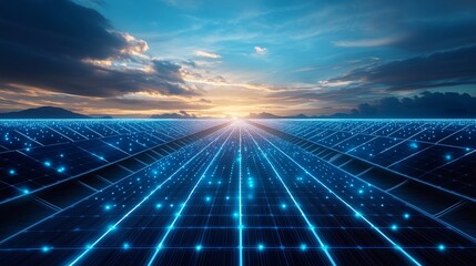 Solar power technology fusion, photovoltaic array with glowing circuit pathways, electric blue energy network visualization, modern clean energy infrastructure, technological precision, diagonal