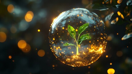 mystical energy sphere with floating green sprout, radiant golden light emission, holographic sustai