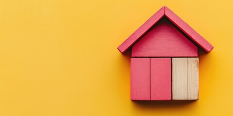 Colorful pink house shape made of wooden blocks on bright yellow background with ample blank space for text or copywriting on the right side