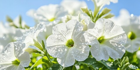 Wall Mural - White petunia flowers glistening with dew against a clear blue sky, showcasing lush green leaves and vibrant petals in full bloom.