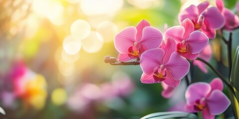 Wall Mural - Vibrant pink Phalaenopsis orchids with green leaves in soft bokeh background of tropical garden evoking springtime essence and beauty