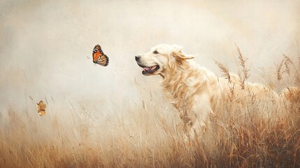 Wall Mural - A golden retriever gazes curiously at a butterfly, surrounded by tall grass in a serene, soft-focus landscape.