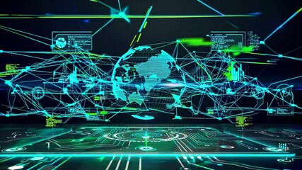 Fototapete - Exploring the future of technology with a digital representation of global connectivity and data flow. FVX, HUD, FUI style.