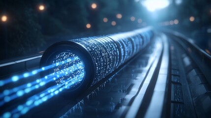 Futuristic data stream flowing through a high-tech pipeline.