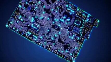Leinwandbilder - Exploring intricate details of a glowing circuit board with vibrant blue lights and complex patterns