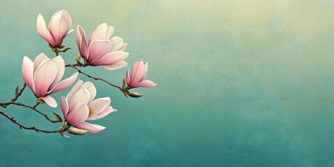 Canvas Print - Magnolia tree blossoms in soft pink hues against a serene green to blue gradient background with ample copy space for text and design elements.