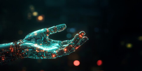 Wall Mural - close-up of high-tech robotic hand illuminated with glowing orange circuits. digital hand hologram o