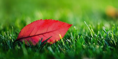 Wall Mural - Red leaf on lush green grass in macro focus with ample negative space for text, vibrant colors enhance visual appeal and depth.