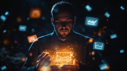 Man examines glowing data visualizations.