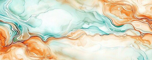 Poster - Marble watercolor idea. Elegant abstract orange and teal fluid art background for creative projects.