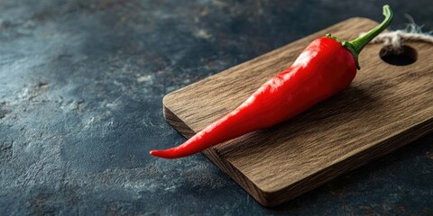 Red pepper resting on dark wooden board with rustic texture dark background enhancing vibrant red color of the pepper positioned on the right side